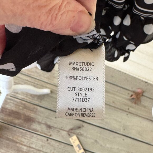 Max Studio Black Blouse White Polka Dots Ruffle 3/4 Sleeves Women Size XL Sheer - Picture 6 of 12